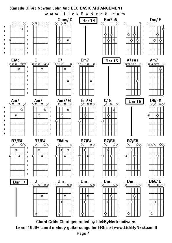 Chord Grids Chart of chord melody fingerstyle guitar song-Xanadu-Olivia Newton John And ELO-BASIC ARRANGEMENT,generated by LickByNeck software.